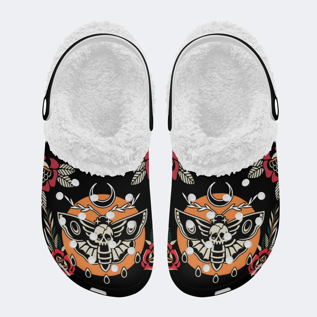Death Moth Retro Print - Fur Lined Slippers/Sandals