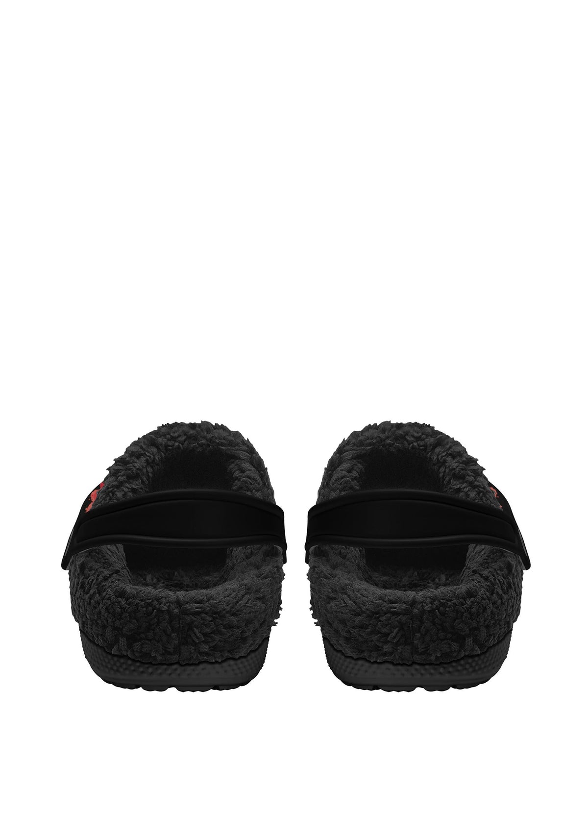 Back view of slippers with red splatter moth tattoo and cozy lining