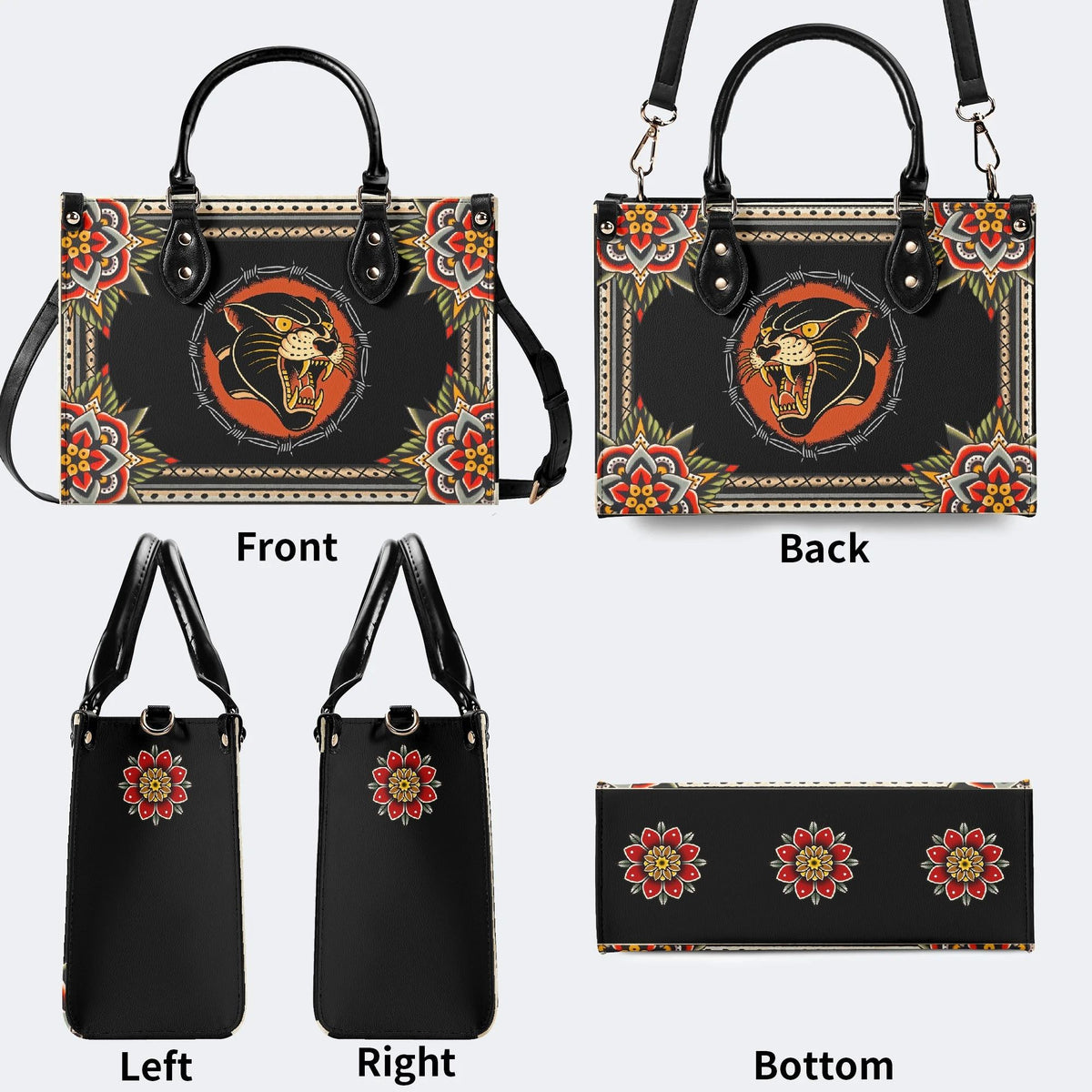 Vintage Black Panther With Flowers - Leather Handbag