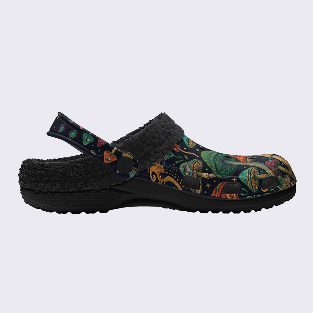 Psychedelic Mushroom Forest Eyes Retro Print Fleece-Lined Clogs