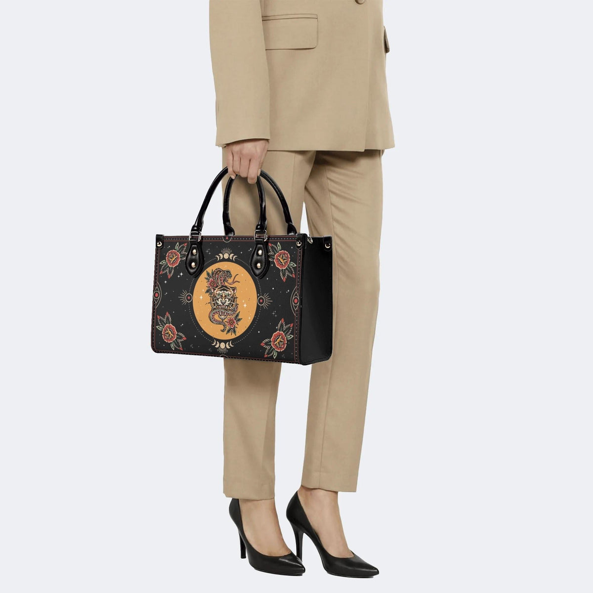 Tiger And Snake In The Moonlight- Leather Handbag