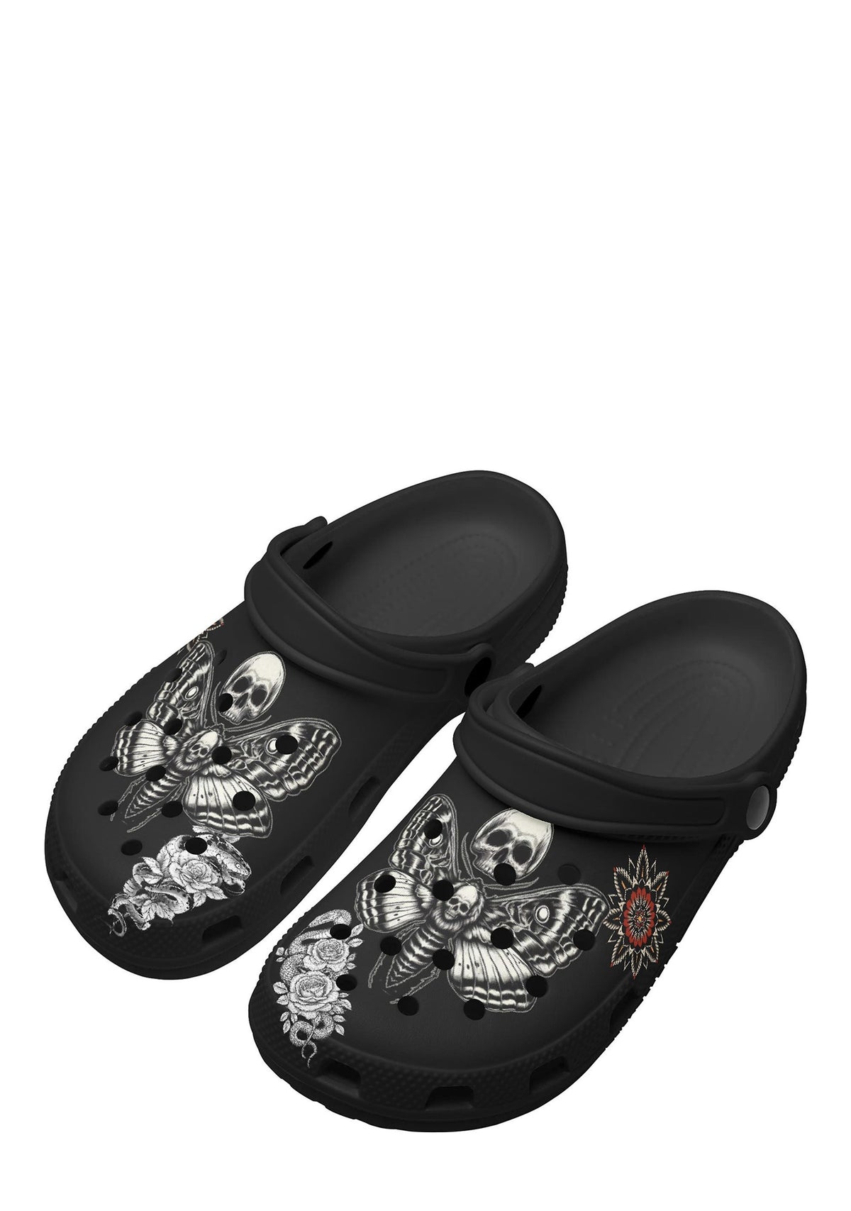Angled view of death moth slippers with skull wings and floral prints