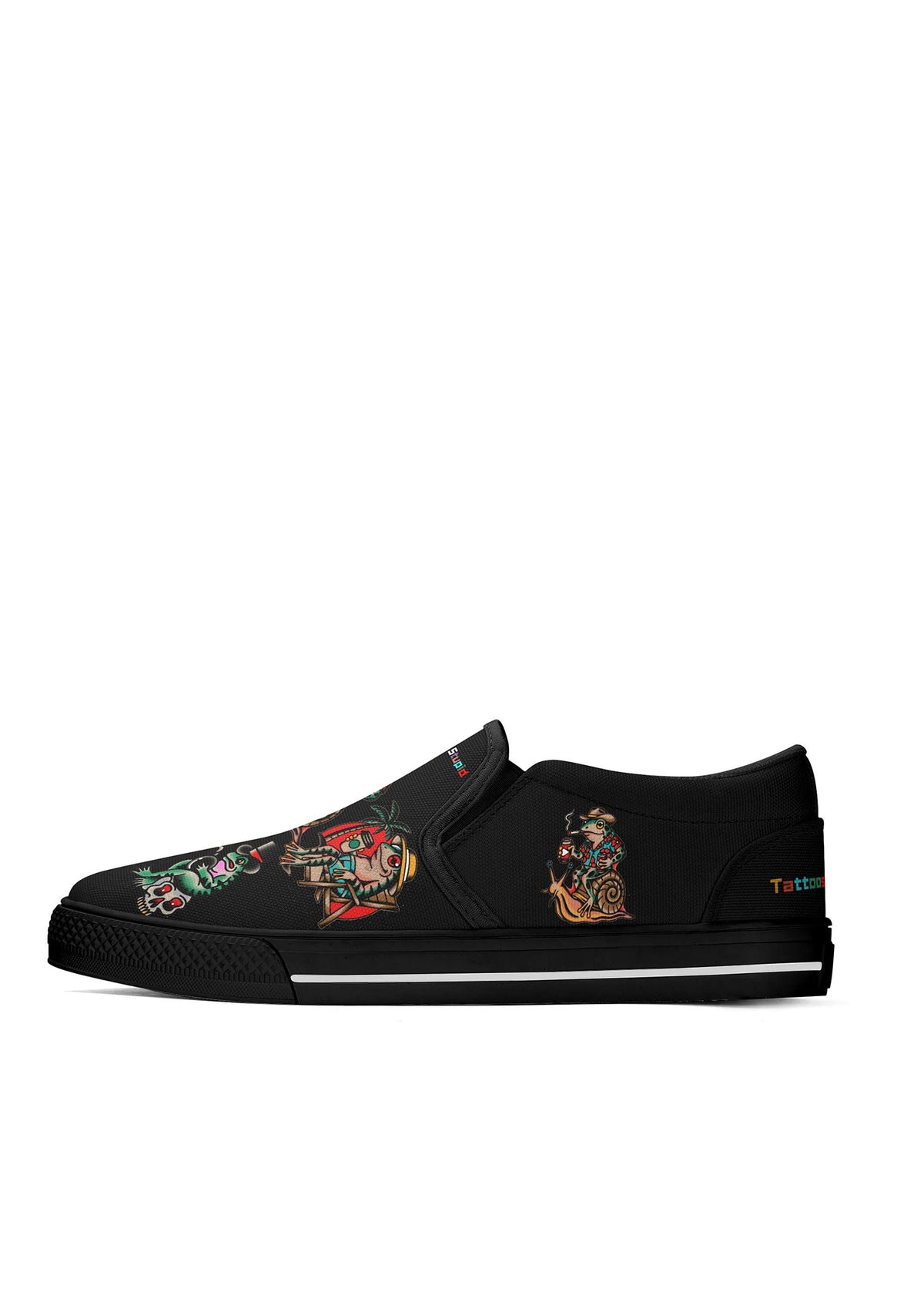 Side view of black tattoo frog shoes with cowboy frog smoking on a snail and embroidered heel text