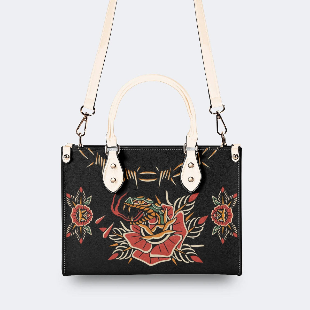 Rose and Snake Print - Leather Handbag