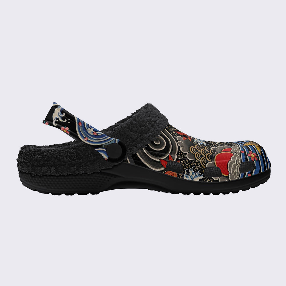 Irezumi Wave & Koi & Demon Face Print Fleece-Lined Clogs
