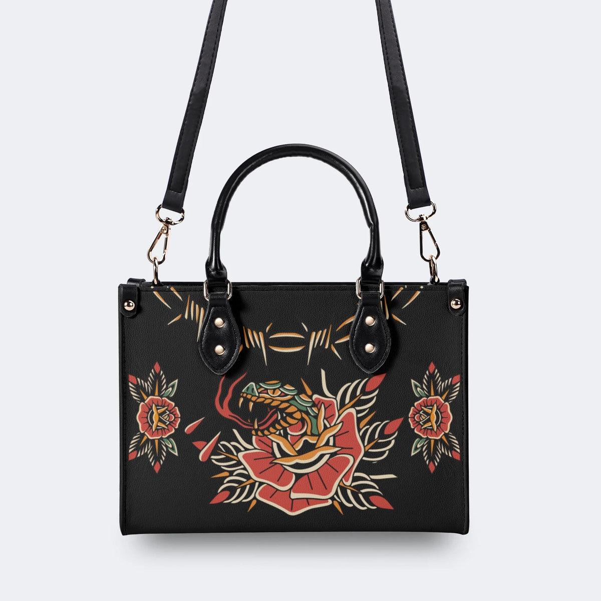 Rose and Snake Print - Leather Handbag