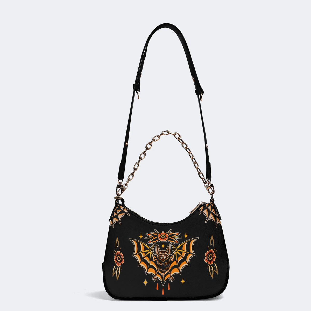 Traditional Bats Print - Leather Crossbody Bag