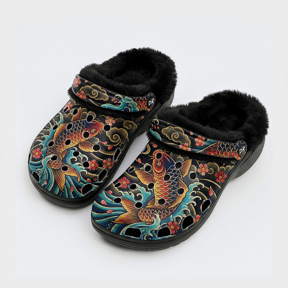 Irezumi Carp&Cherry blossom blizzardTraditional Cloud Print Fleece-Lined Clogs