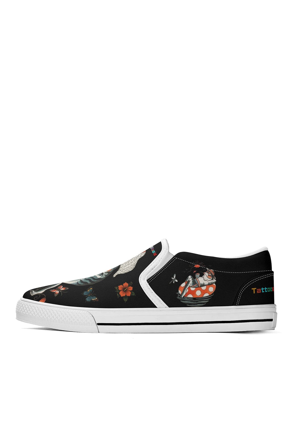 Right side of white-trimmed shoes featuring frog lounging in mushroom with tattoo-style motifs