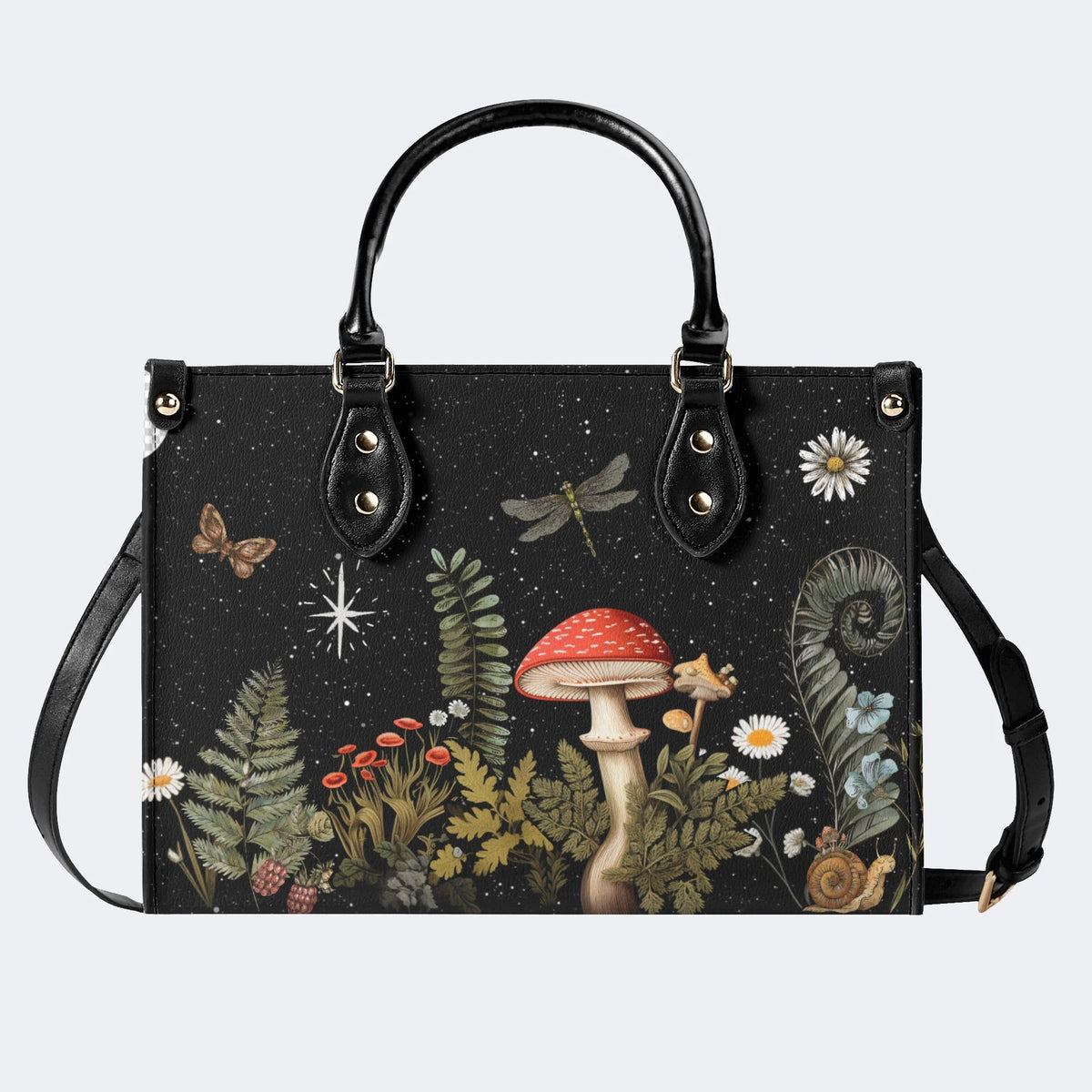 Starry Night Mushroom Moth Print - Leather Handbag