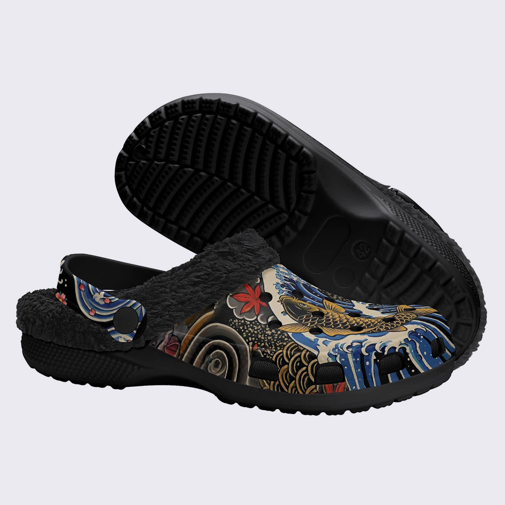 Irezumi Wave & Koi & Demon Face Print Fleece-Lined Clogs
