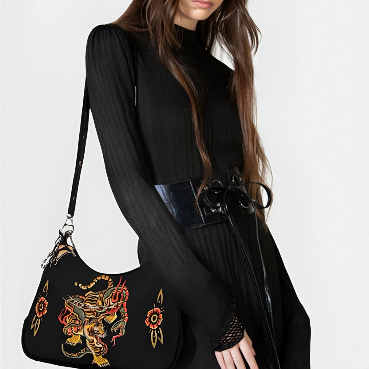 Old School Tiger & Snake Print - Leather Crossbody Bag