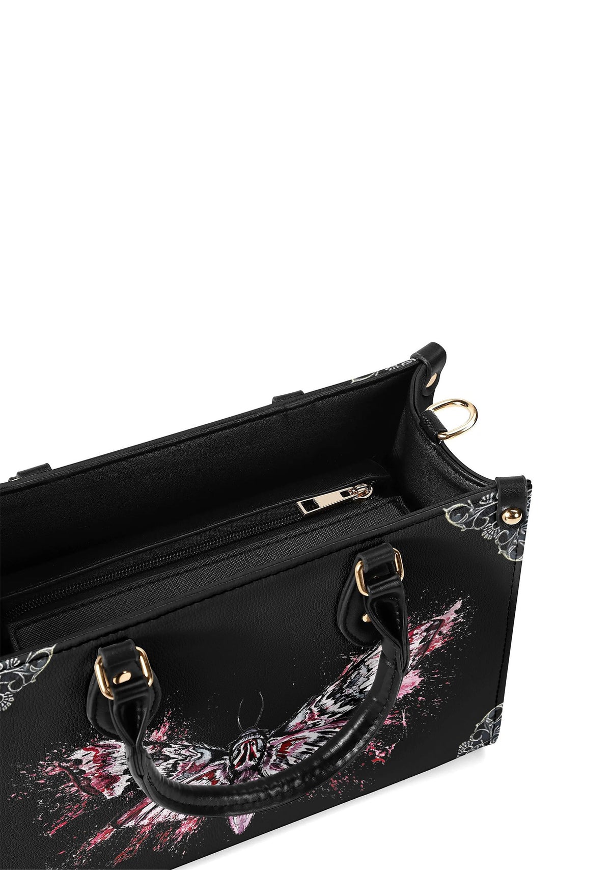 top view of gothic handbag with open zipper revealing spacious interior