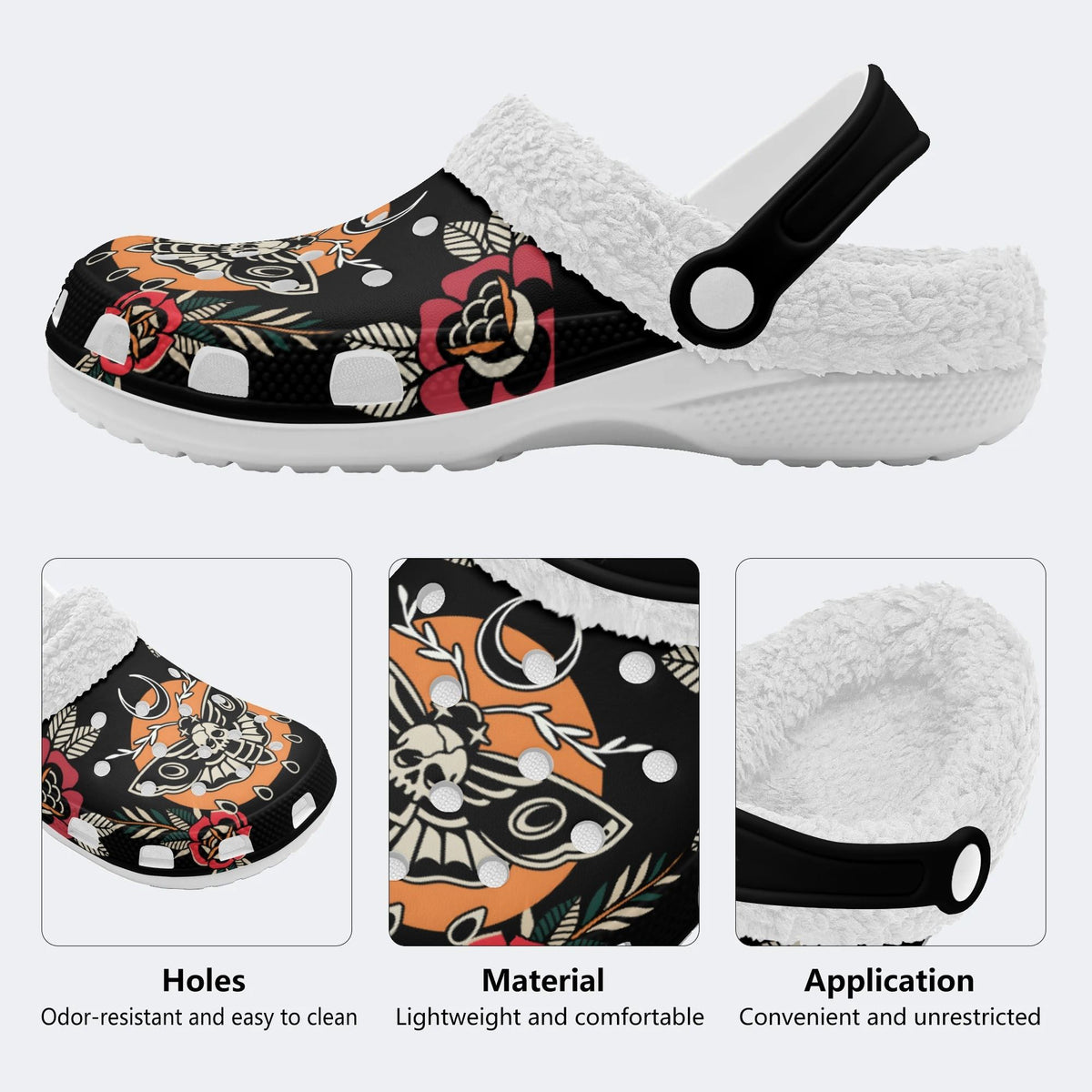 Death Moth Retro Print - Fur Lined Slippers/Sandals