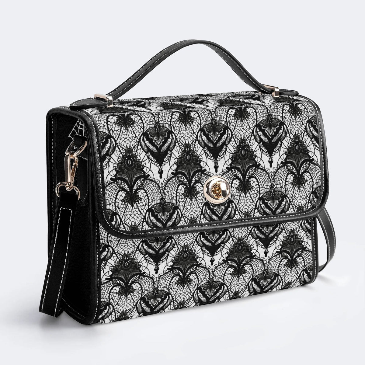 Retro Gothic Black Stripe Lace - Leather Satchel Bag