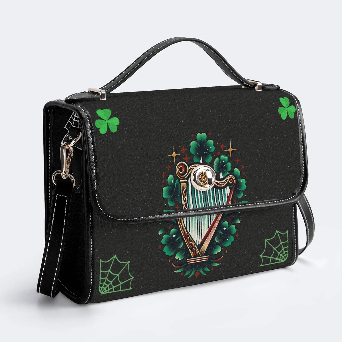 Irish Harp & Shamrocks Print - Leather Satchel Bag