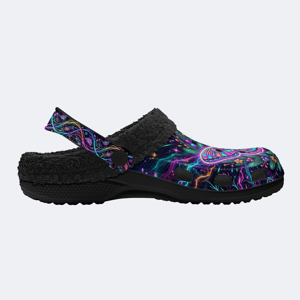 Neon Psychedelic Moth Print Fleece-Lined Clogs