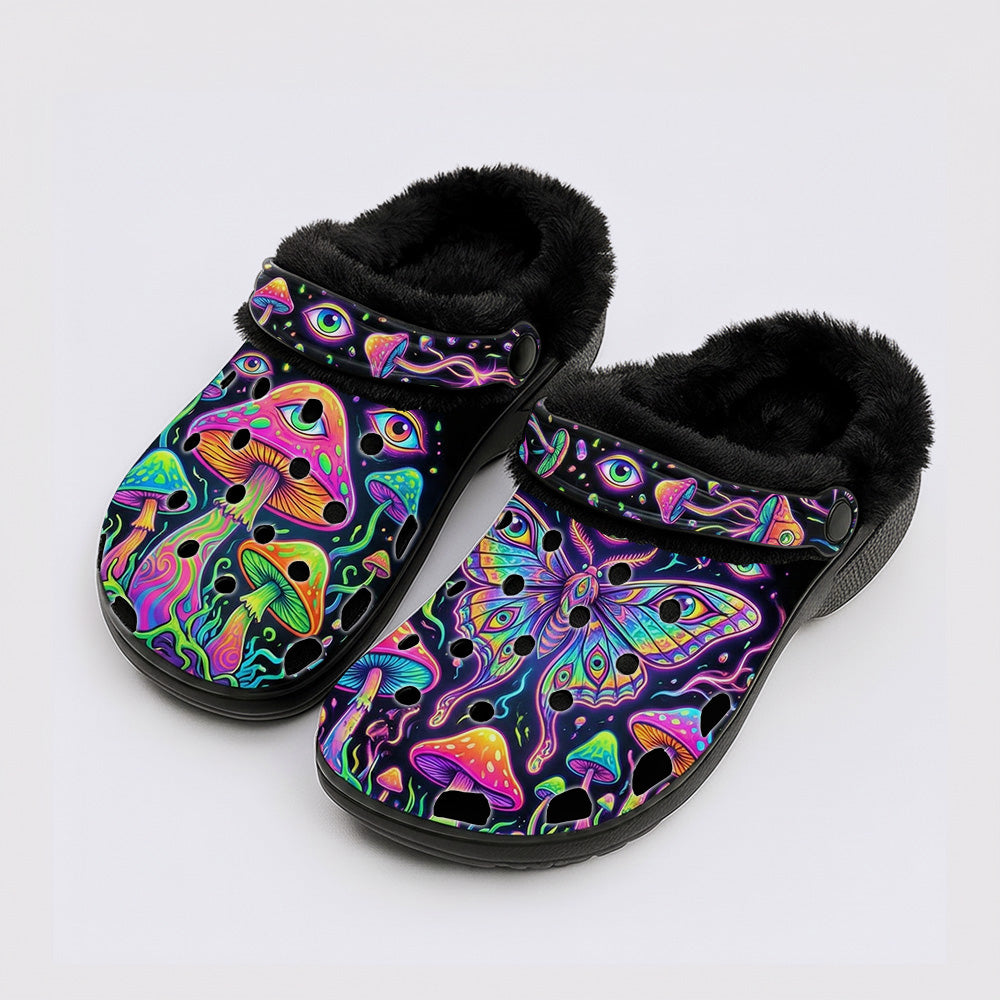 Psychedelic Mushroom Forest Moth Print Fleece-Lined Clogs