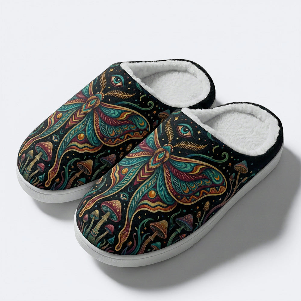 Psychedelic Mushroom Forest Moth Retro Print Fleece-Lined Slippers