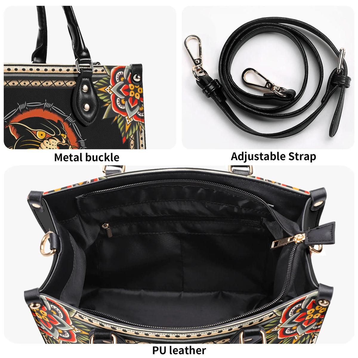 Vintage Black Panther With Flowers - Leather Handbag