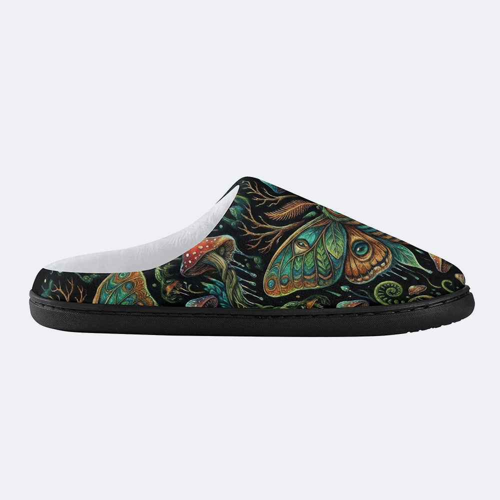 Forest Mystery Moth Print Fleece-Lined Slippers