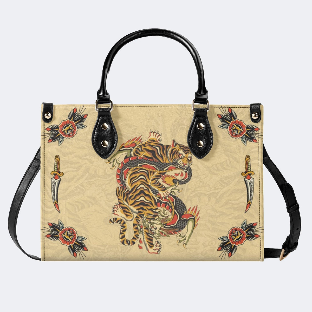 Traditional Tiger and Dragon Print - Leather Handbag