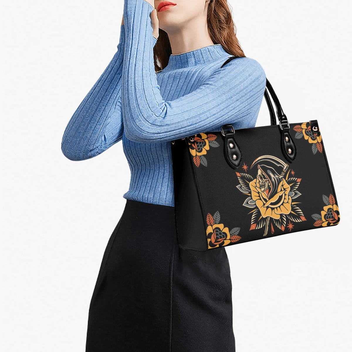Grim Reaper Flowers Print - Leather Handbag