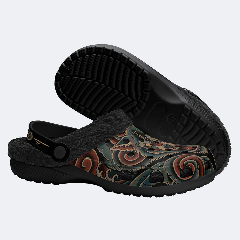 Irezumi Ôkami" (Demon Wolf) & Blood Mist Cyclones & Black Raging Wind Print Fleece-Lined Clogs