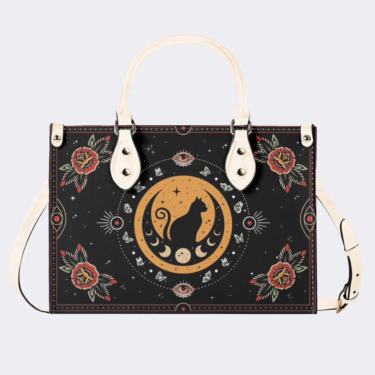 Vintage Cat And Moon Print - Leather Handbag