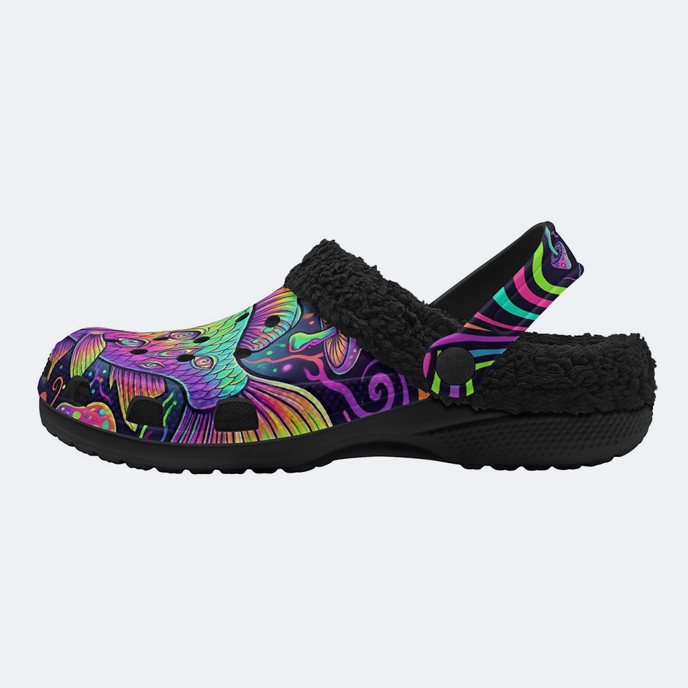 Psychedelic Neon Mushroom Fish Print Fleece-Lined Clogs