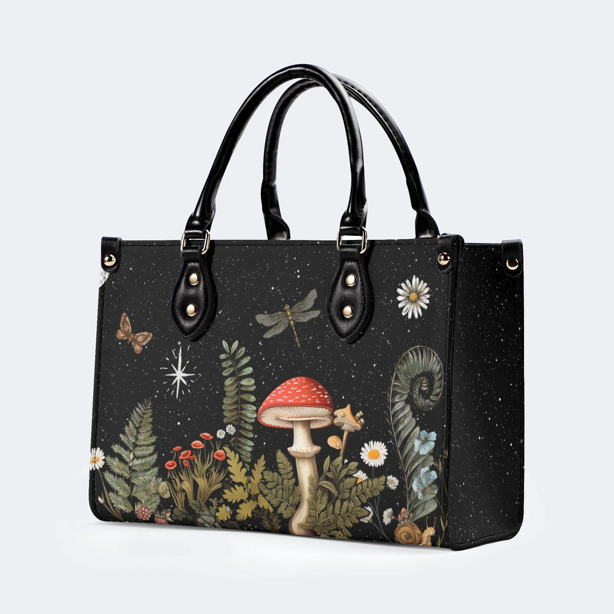 Starry Night Mushroom Moth Print - Leather Handbag