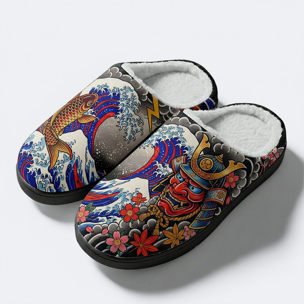 Irezumi Wave & Koi & Demon Face Print Fleece-Lined Slippers