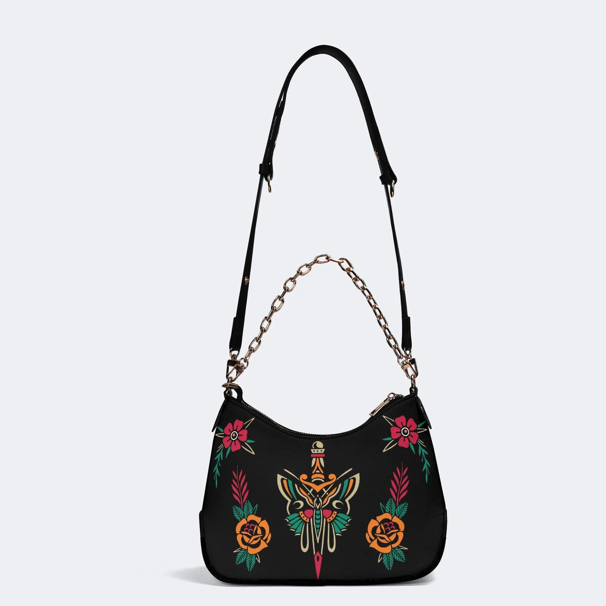 Sword And Moth Print - Leather Crossbody Bag