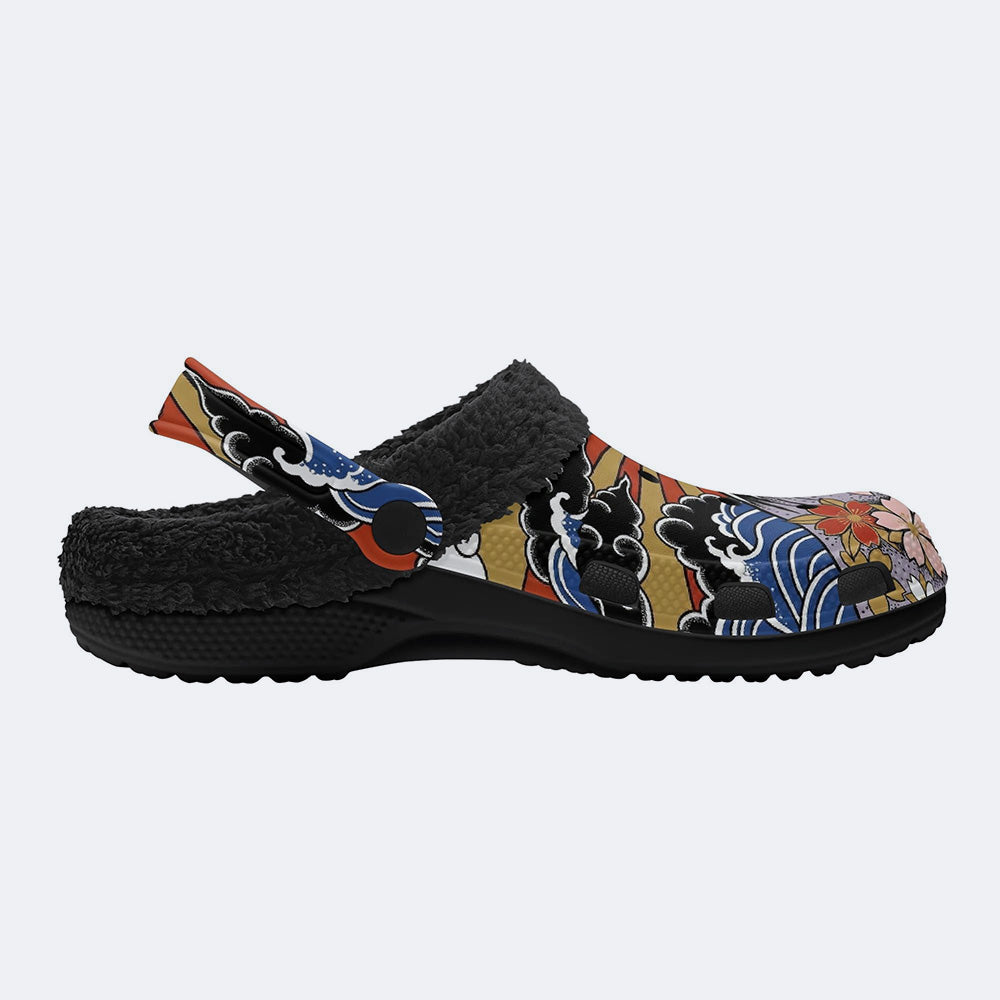 Irezumi Mount Fuji & Cherry Blossoms & Sun Wheel Print Fleece-Lined Clogs