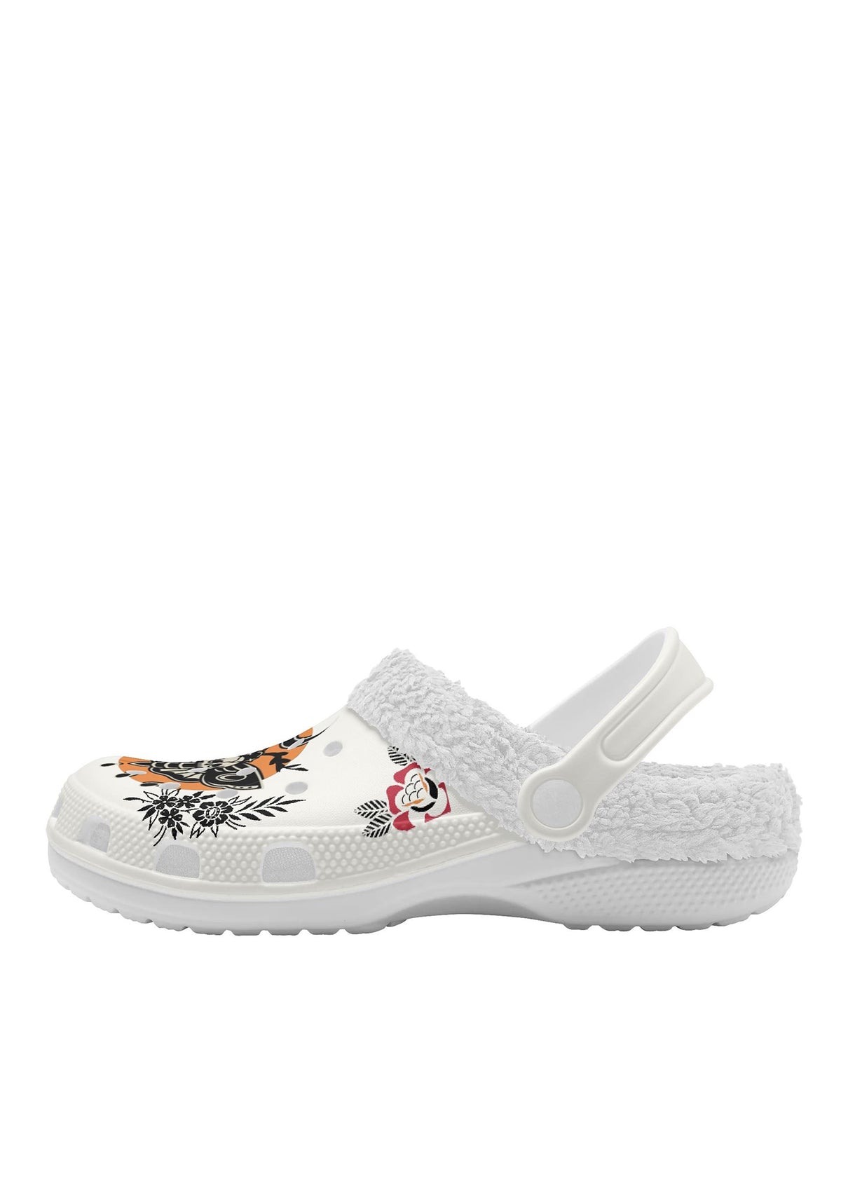 White clog with crescent moon, skull moth, and botanical accents