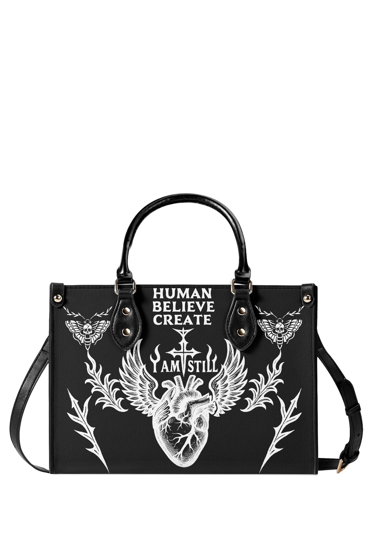 Black gothic handbag with anatomical heart and "I Am Still" quote