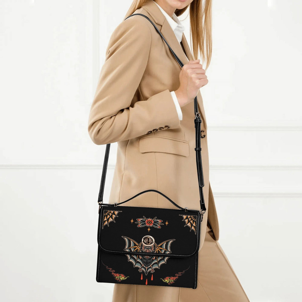 Traditional Bats Print - Leather Satchel Bag