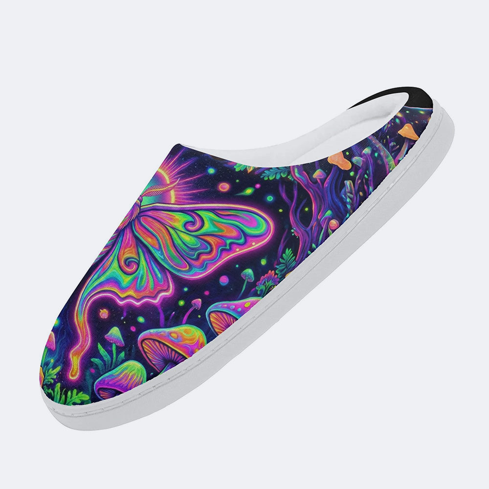 Flowing Color Psychedelic Moth Print Fleece-Lined Slippers