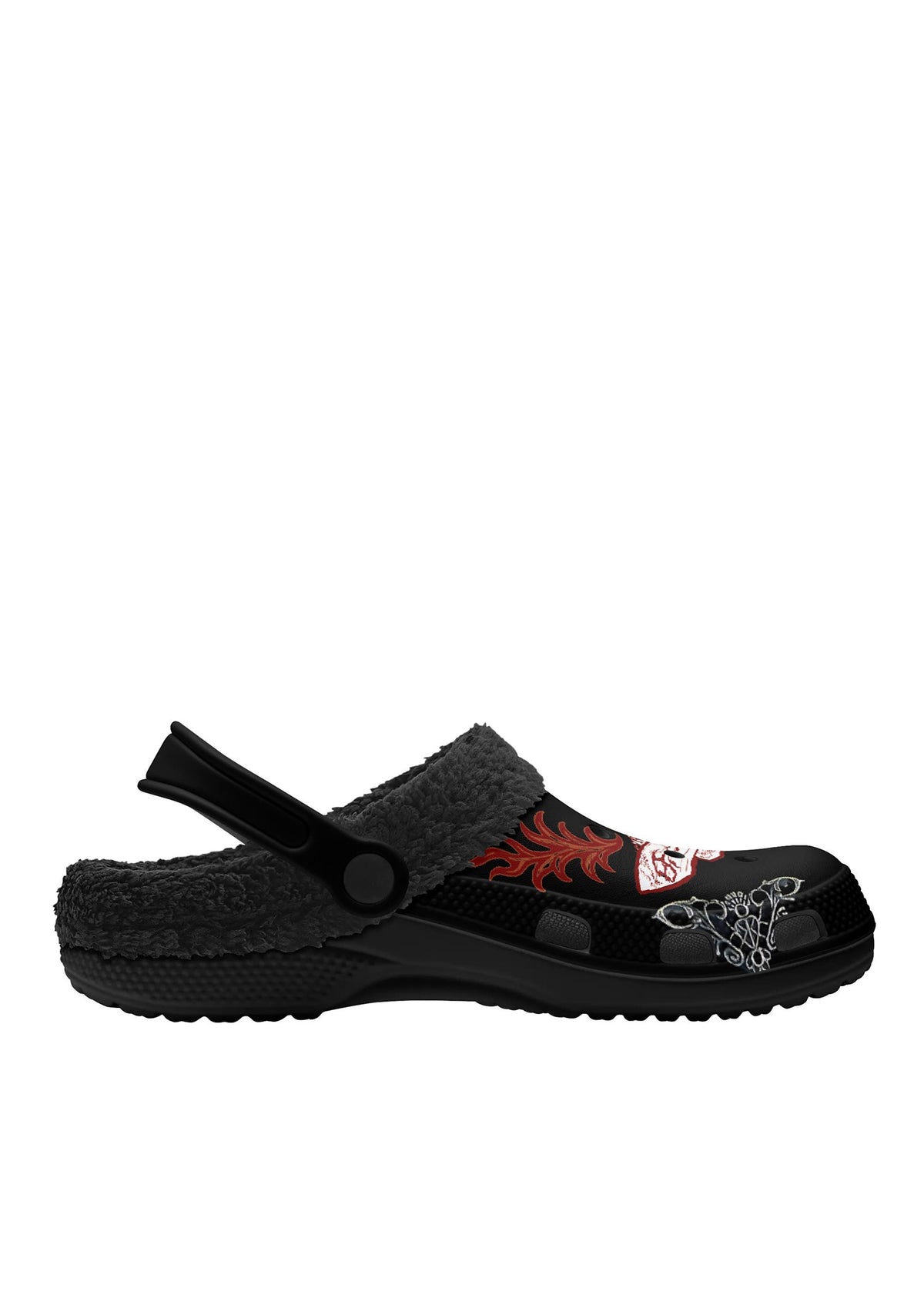 Inner view of gothic slippers with white and red moth graphic