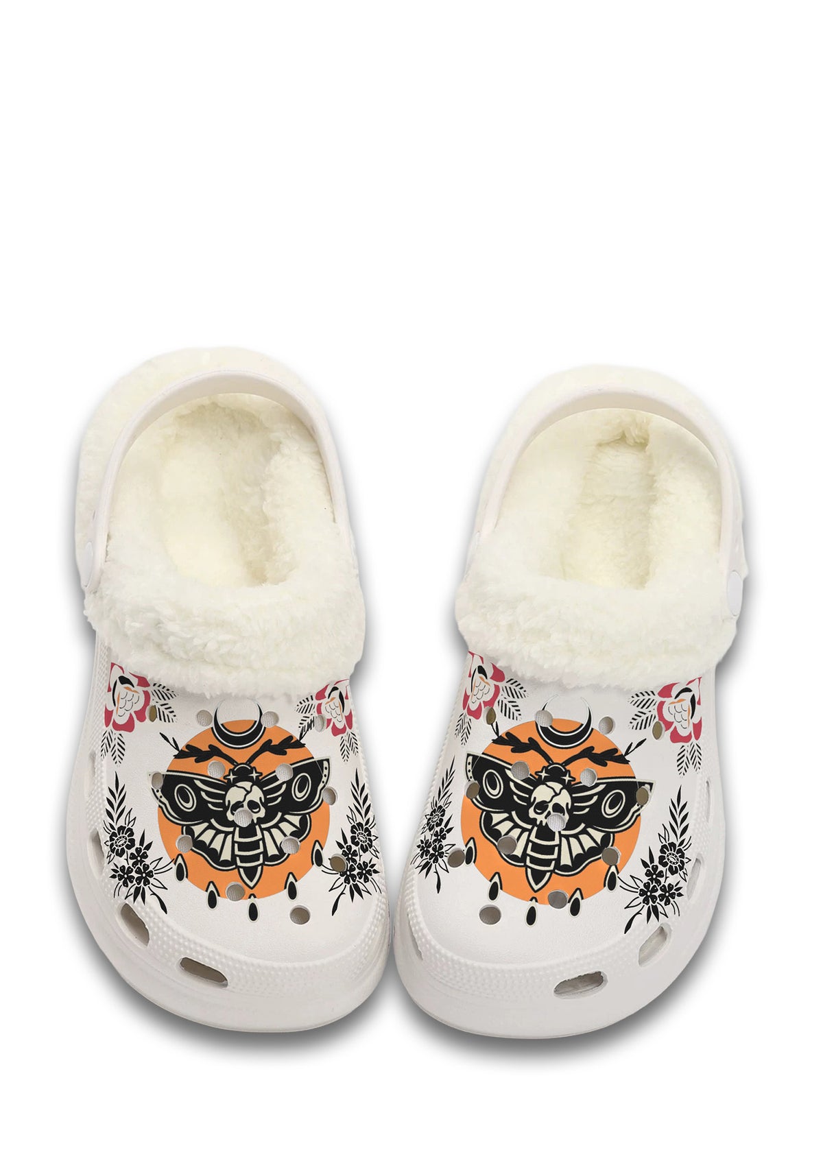 Front view of white fuzzy clog with gothic orange moth and floral graphics