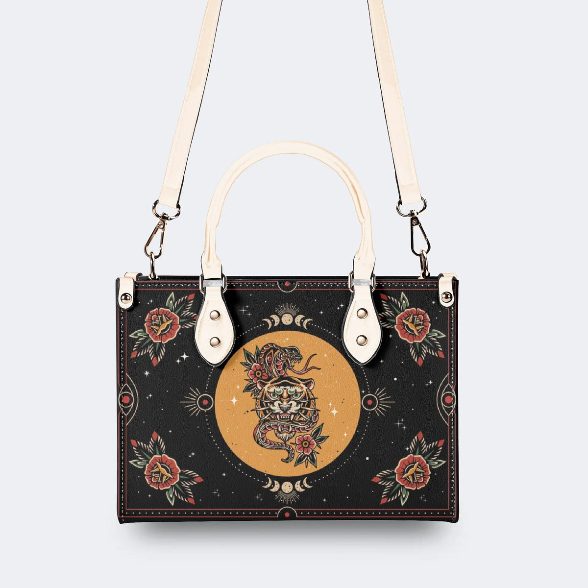 Tiger And Snake In The Moonlight- Leather Handbag