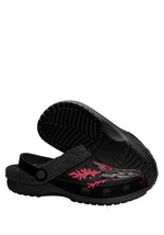 Sole view of slippers with tread design and gothic vibe