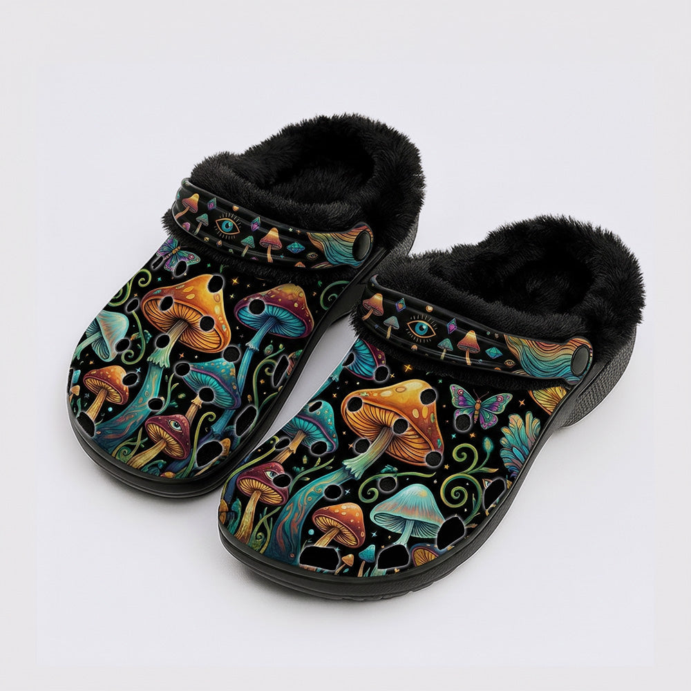 Psychedelic Mushroom Forest Moth Retro Print Fleece-Lined Clogs
