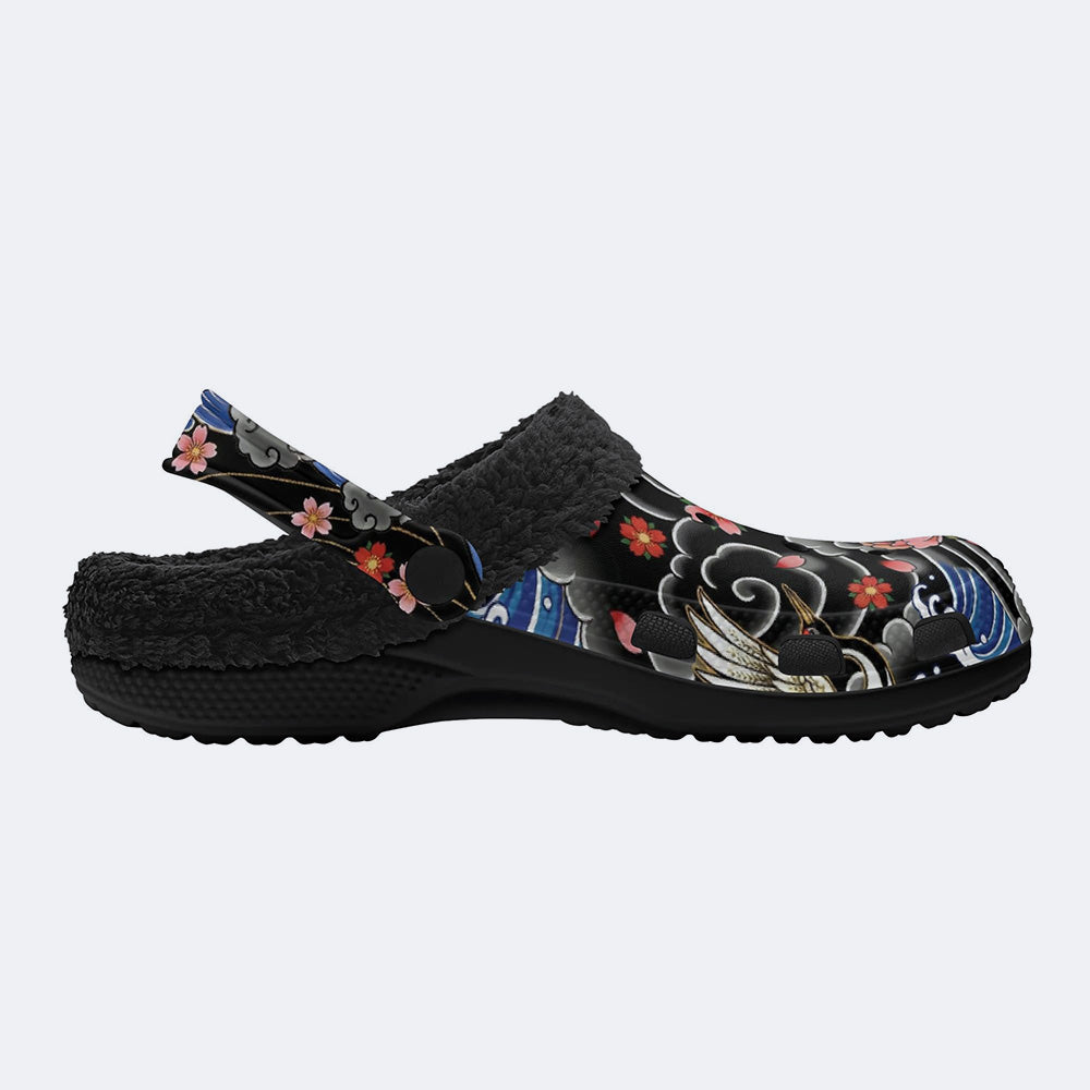 Irezumi Peonies and Cranes Print Fleece-Lined Clogs