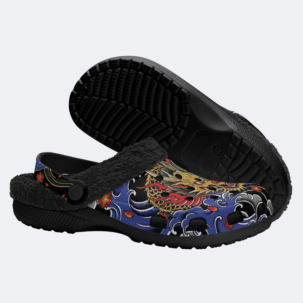 Irezumi Flying Golden Dragon Print Fleece-Lined Clogs