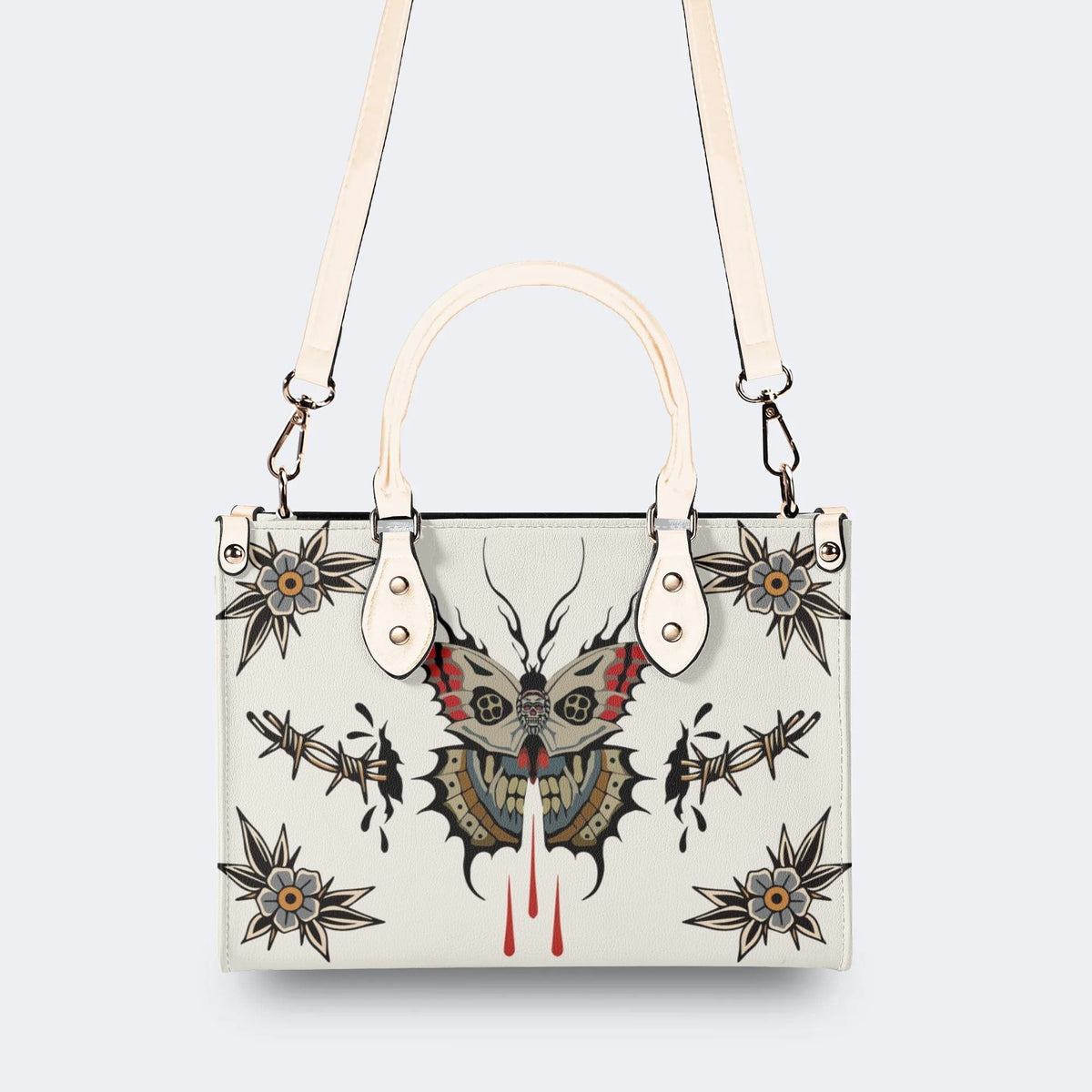 Death Moth And Flowers - Leather Handbag