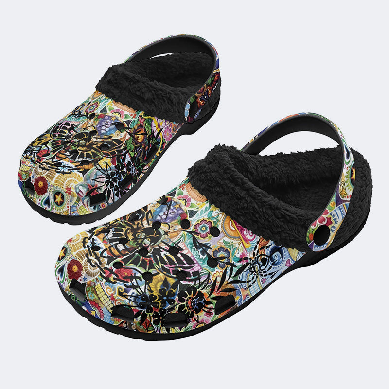 Unisex Death Moth Print - Fur Lined Slippers/Sandals