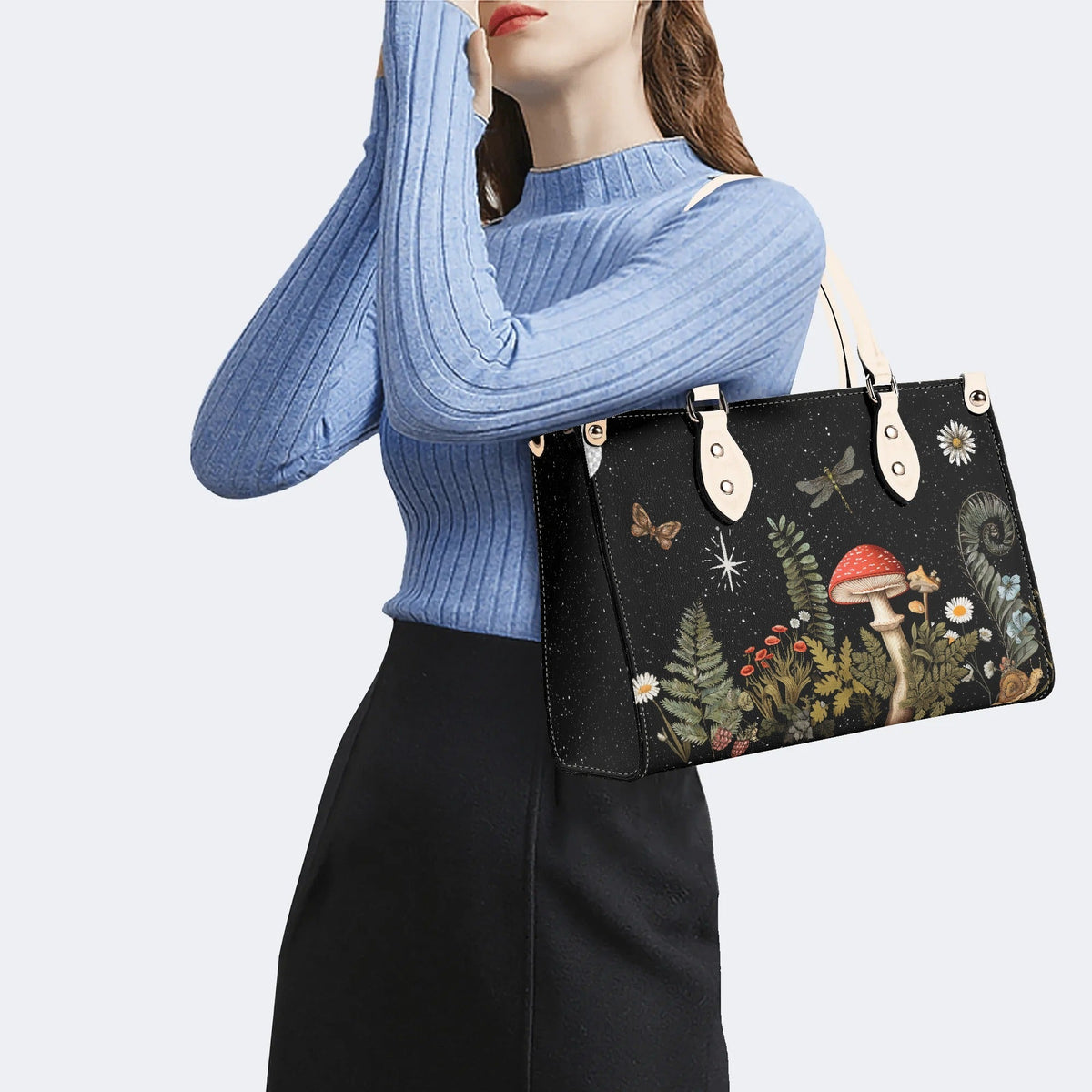 Starry Night Mushroom Moth Print - Leather Handbag