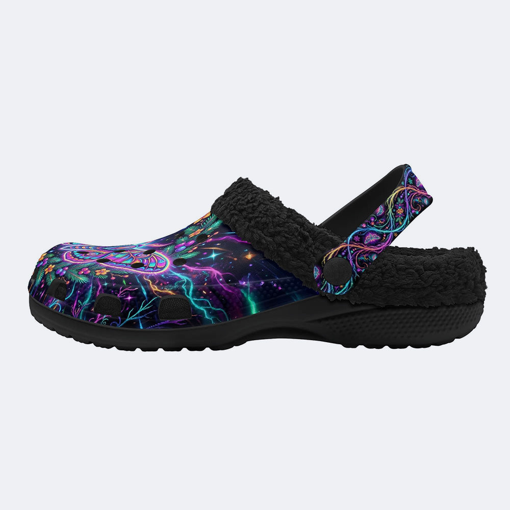 Neon Psychedelic Moth Print Fleece-Lined Clogs