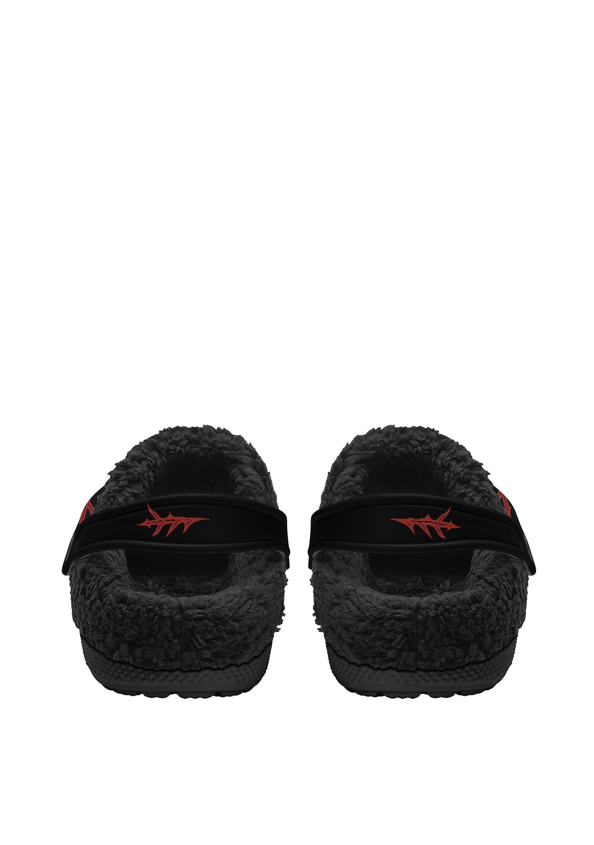 Rear view of cozy slippers with venom moth print and flame detail